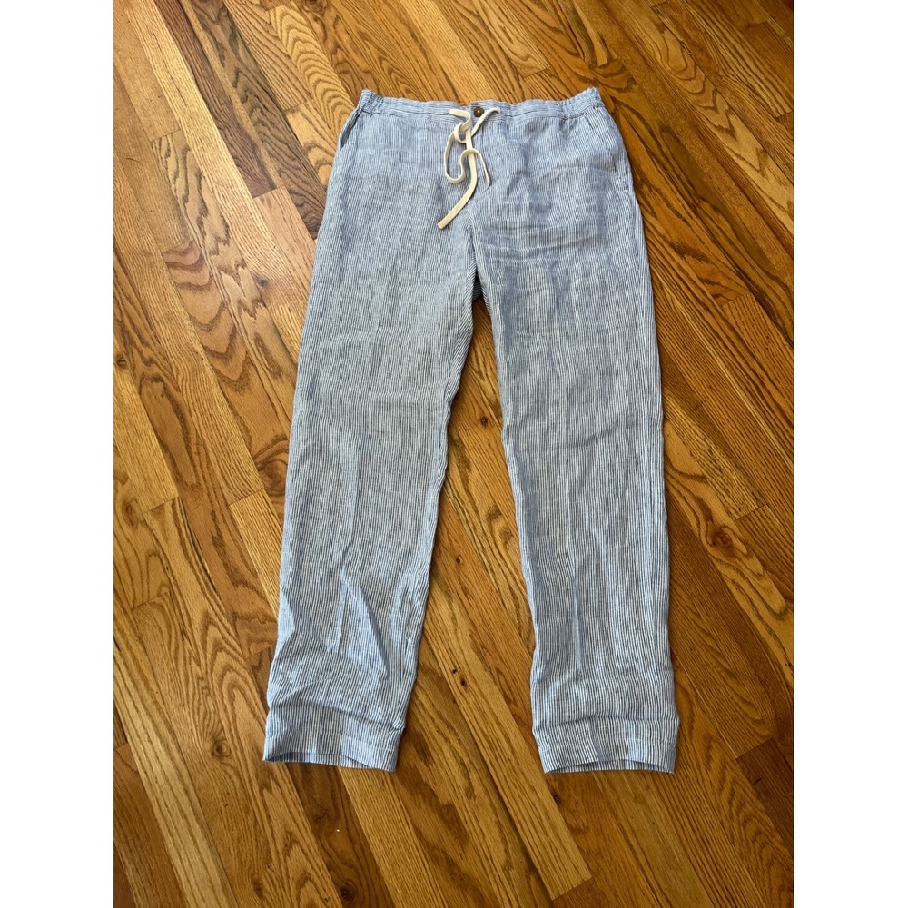J.McLaughlin Blue White Striped Linen Pants Women Medium Drawstring Straight Leg